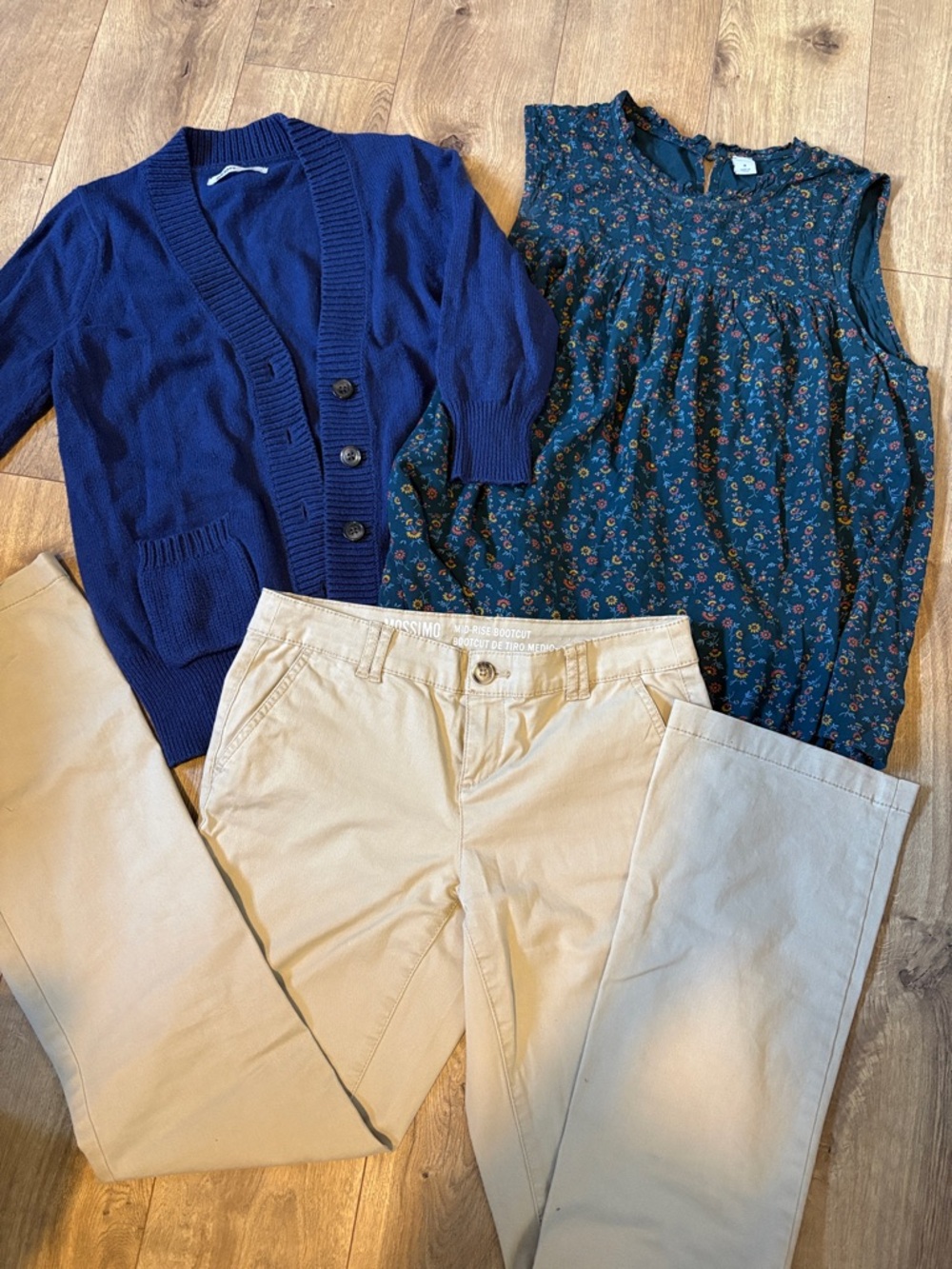Old Navy  Royal Blue Cardigan with Teal Floral Top and Khaki Pants Set